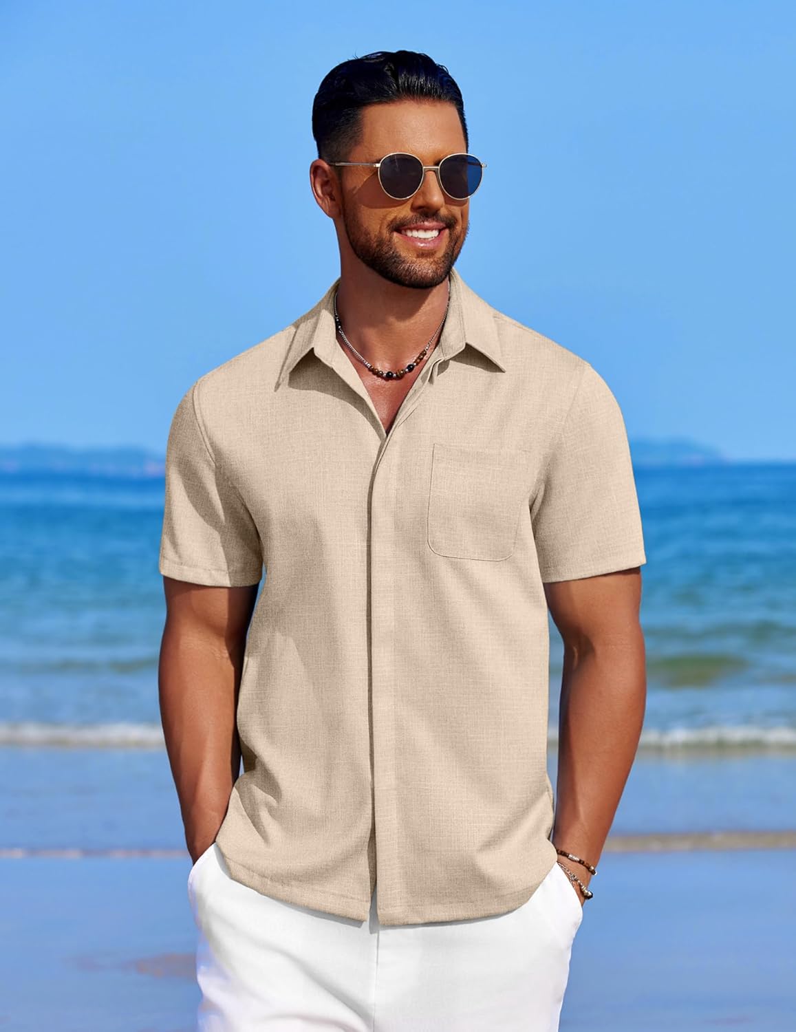 Men's Casual Linen Beach Shirt Button Down Summer Shirt Hawaiian Shirts - Afbeelding 31 van 65