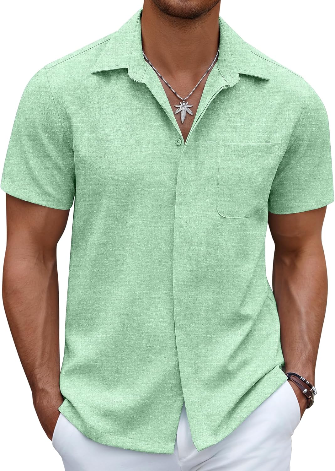 Men's Casual Linen Beach Shirt Button Down Summer Shirt Hawaiian Shirts - Afbeelding 33 van 65
