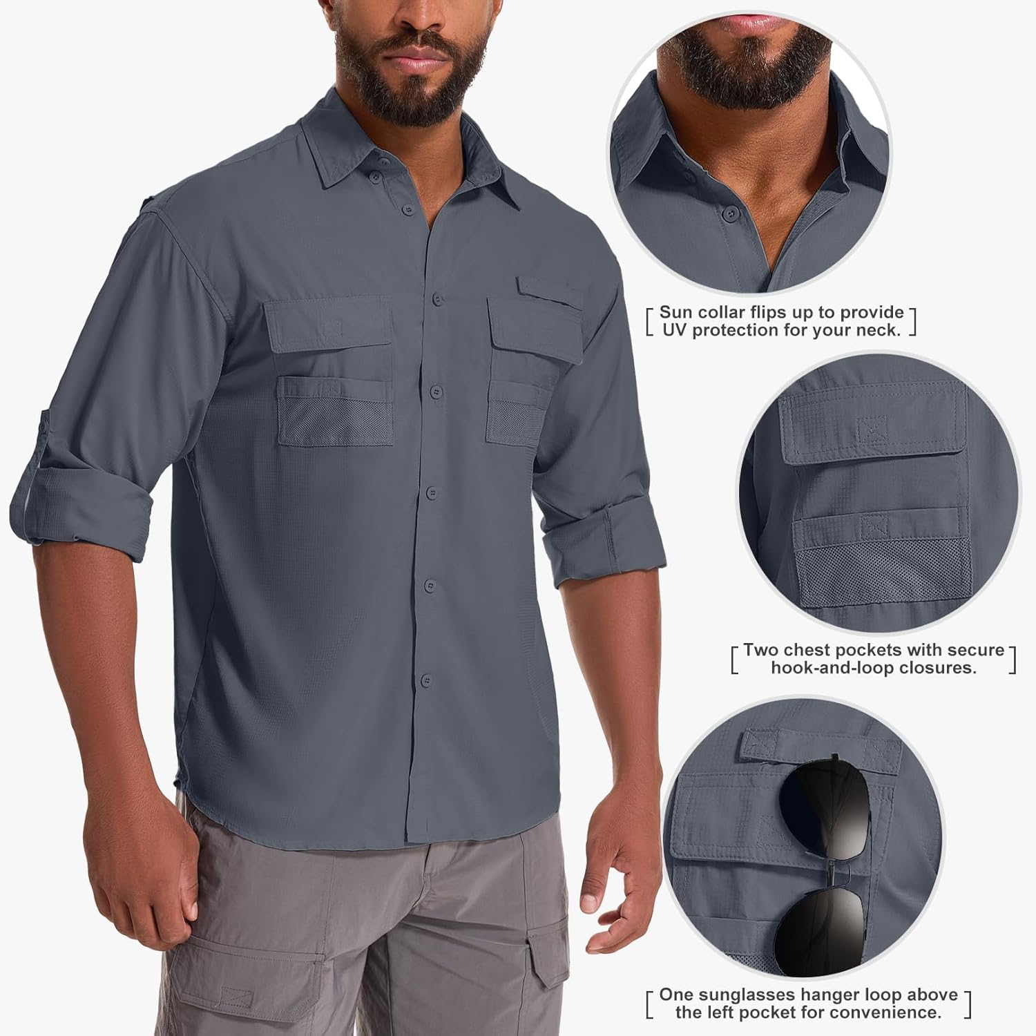 Men's UPF 50 Sun Protection Long Sleeve Fishing & Safari Shirts, Quick Dry - Picture 52 of 52