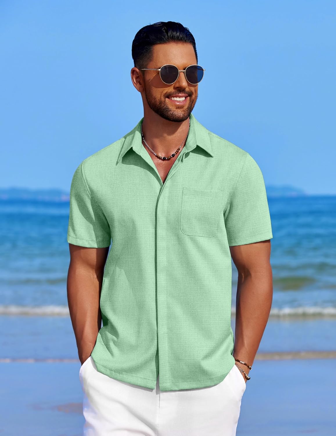 Men's Casual Linen Beach Shirt Button Down Summer Shirt Hawaiian Shirts - Afbeelding 34 van 65