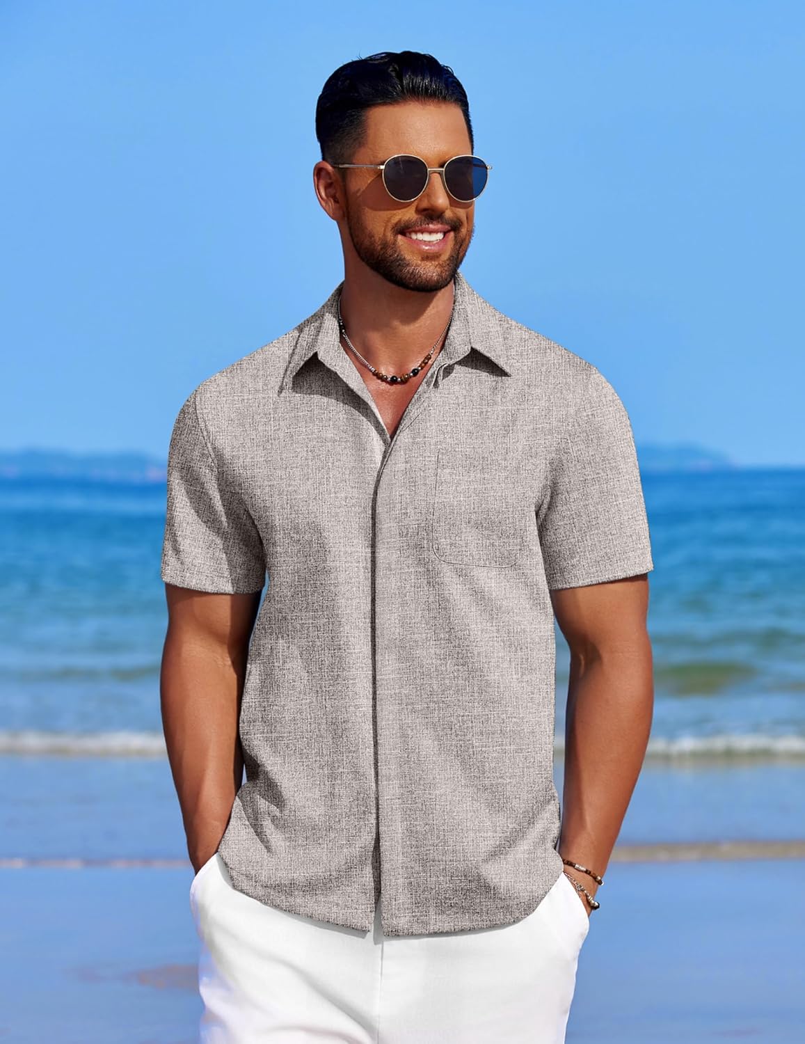 Men's Casual Linen Beach Shirt Button Down Summer Shirt Hawaiian Shirts - Afbeelding 37 van 65