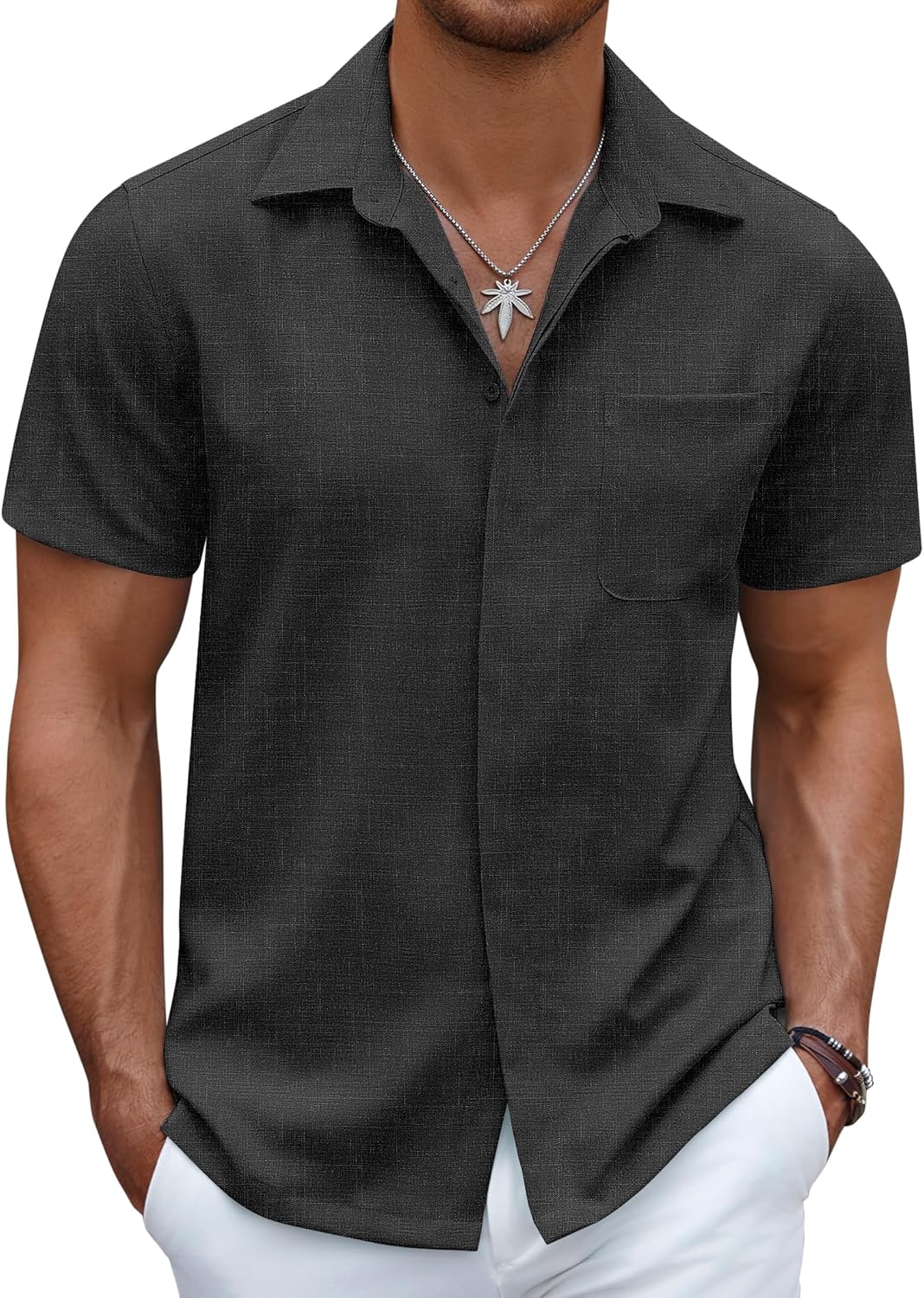 Men's Casual Linen Beach Shirt Button Down Summer Shirt Hawaiian Shirts - Afbeelding 39 van 65