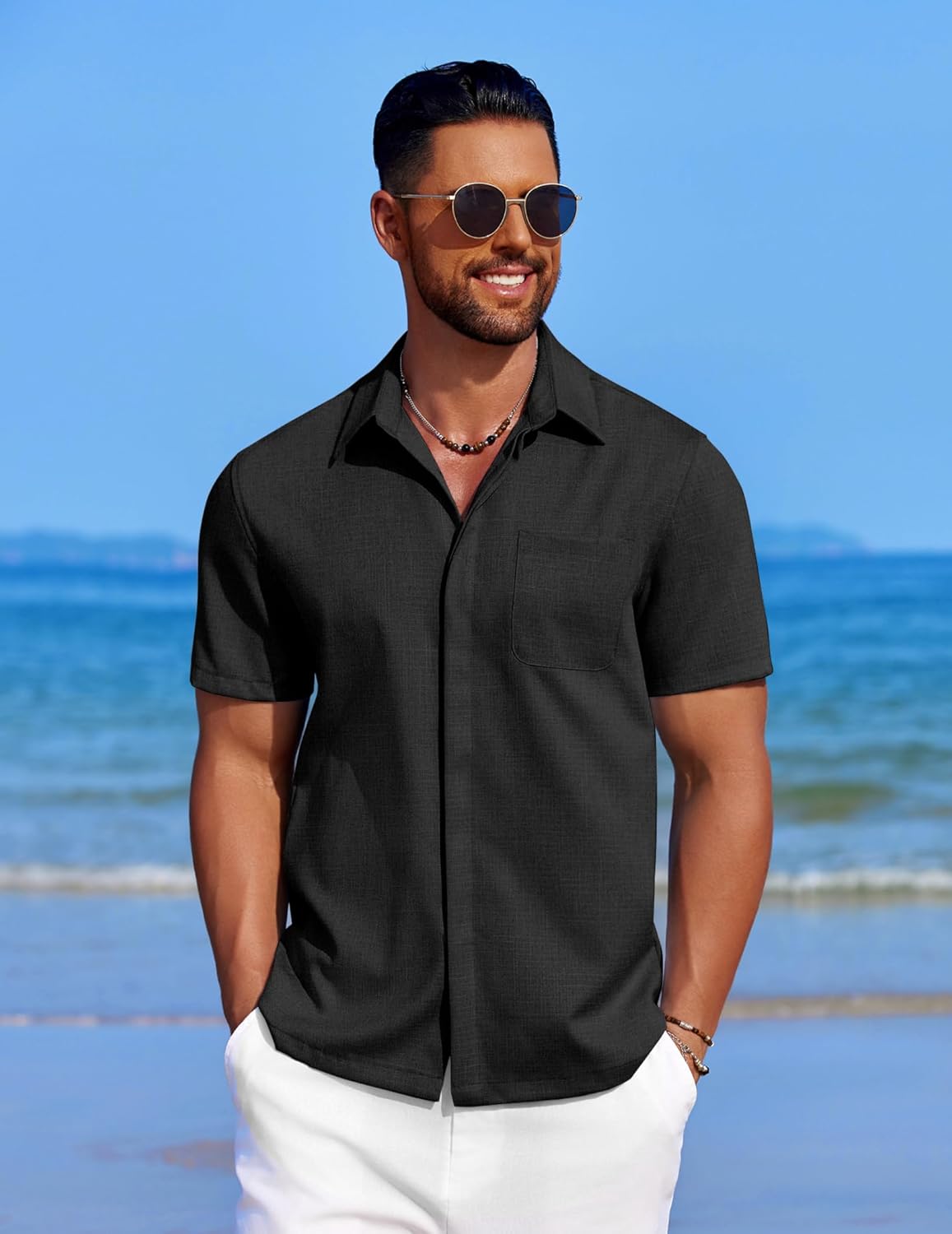 Men's Casual Linen Beach Shirt Button Down Summer Shirt Hawaiian Shirts - Afbeelding 40 van 65