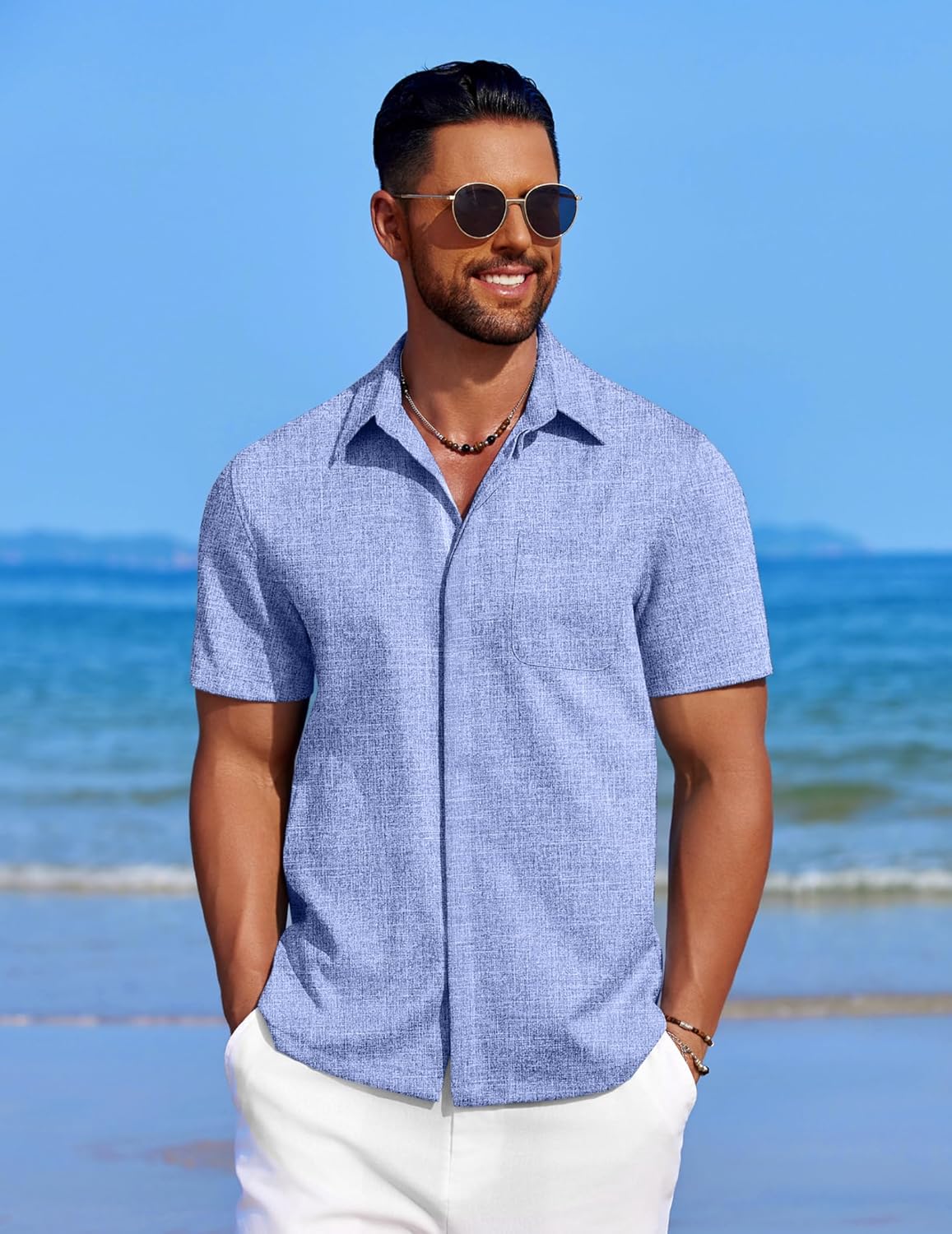 Men's Casual Linen Beach Shirt Button Down Summer Shirt Hawaiian Shirts - Afbeelding 43 van 65