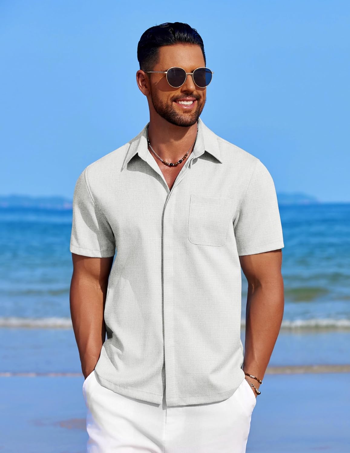 Men's Casual Linen Beach Shirt Button Down Summer Shirt Hawaiian Shirts - Afbeelding 46 van 65