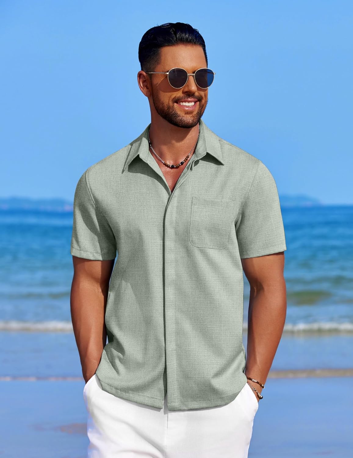 Men's Casual Linen Beach Shirt Button Down Summer Shirt Hawaiian Shirts - Afbeelding 49 van 65
