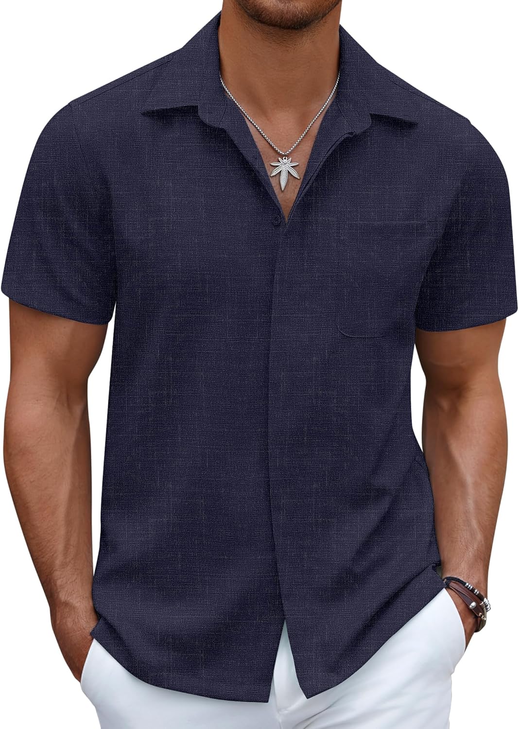 Men's Casual Linen Beach Shirt Button Down Summer Shirt Hawaiian Shirts - Afbeelding 54 van 65