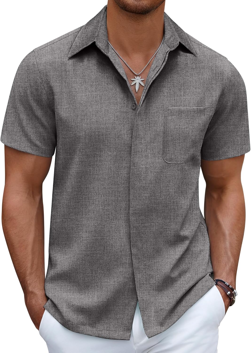 Men's Casual Linen Beach Shirt Button Down Summer Shirt Hawaiian Shirts - Afbeelding 57 van 65