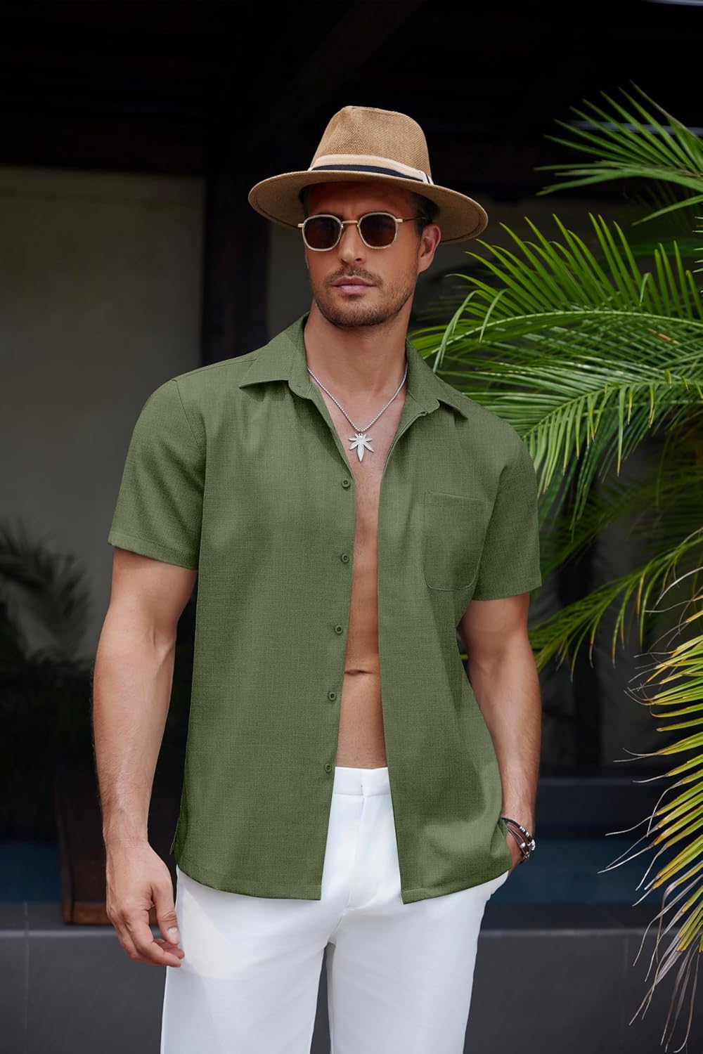 Men's Casual Linen Beach Shirt Button Down Summer Shirt Hawaiian Shirts - Afbeelding 62 van 65