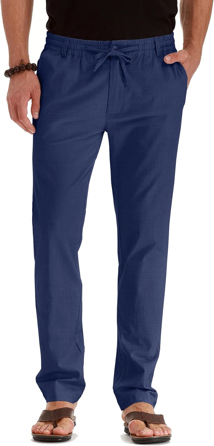Men's Drawstring Linen Pants, Casual Summer Beach Loose Trousers, Elastic Waist - Picture 25 of 57