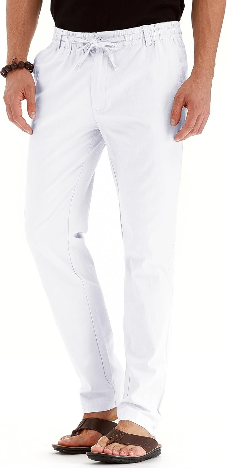 Men's Drawstring Linen Pants, Casual Summer Beach Loose Trousers, Elastic Waist - Picture 30 of 57