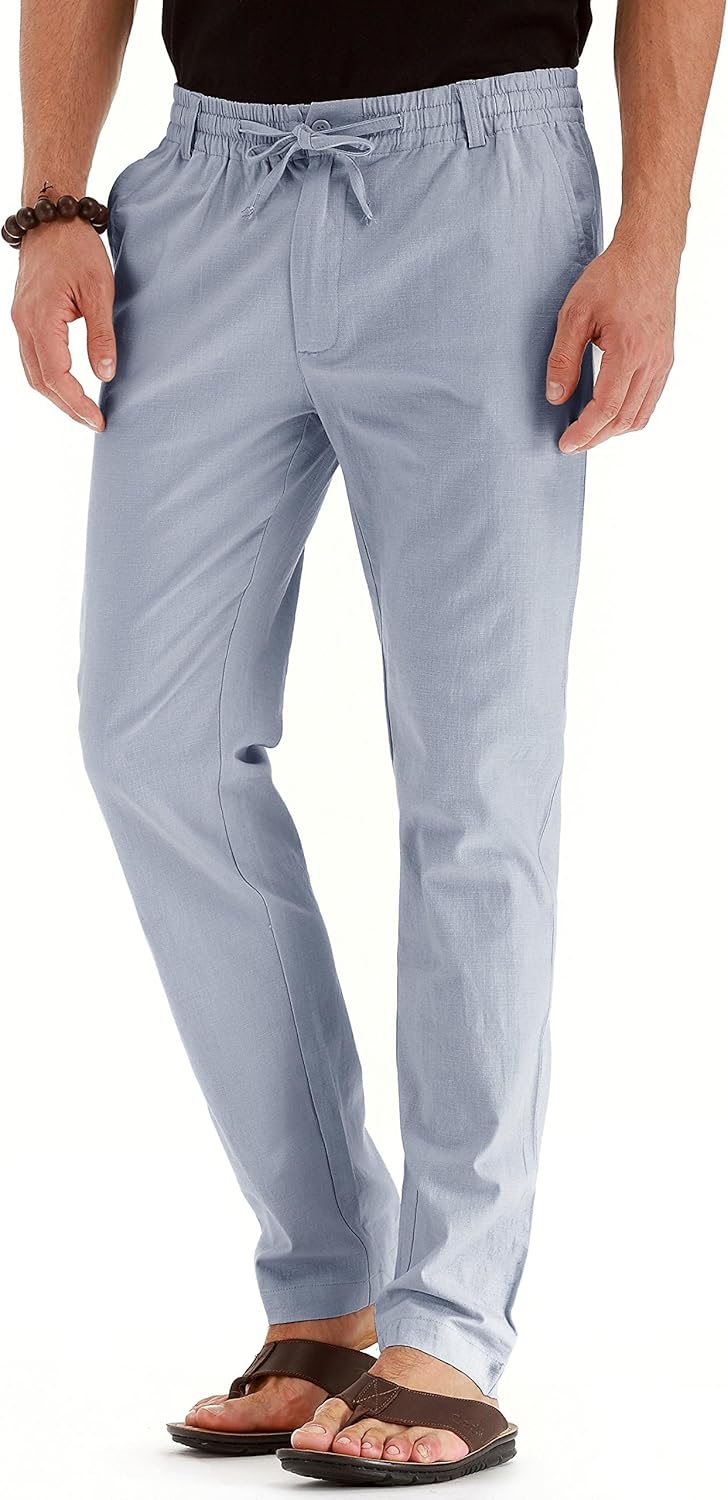 Men's Drawstring Linen Pants, Casual Summer Beach Loose Trousers, Elastic Waist - Picture 33 of 57