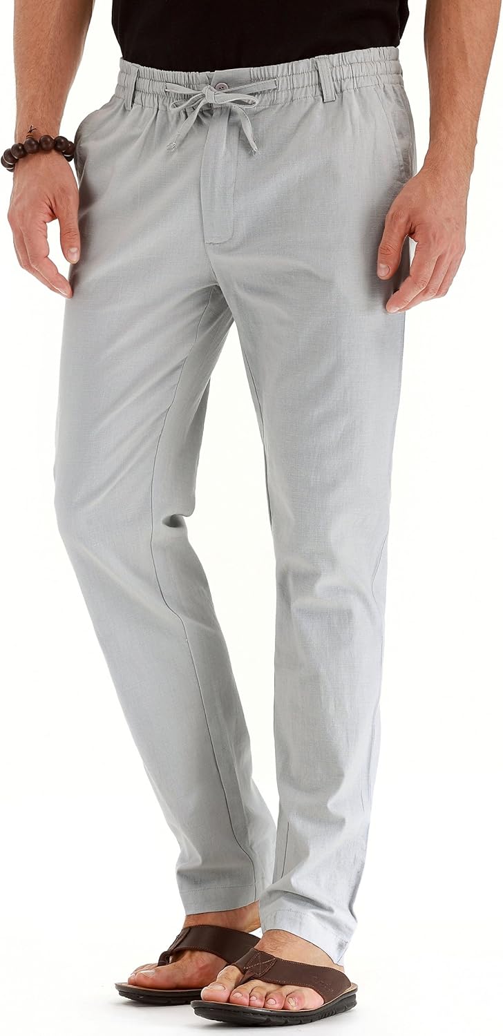 Men's Drawstring Linen Pants, Casual Summer Beach Loose Trousers, Elastic Waist - Picture 42 of 57