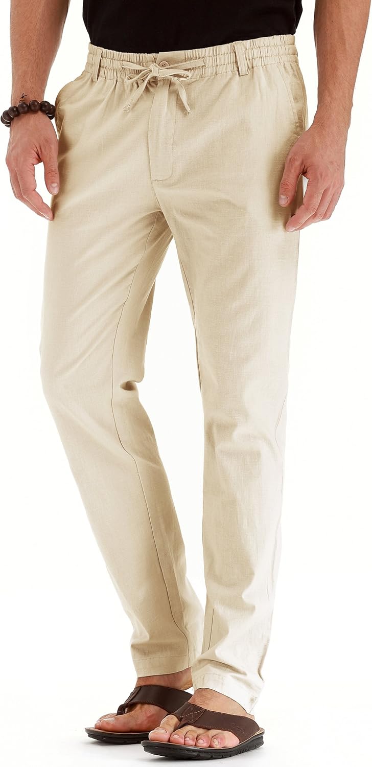 Men's Drawstring Linen Pants, Casual Summer Beach Loose Trousers, Elastic Waist - Picture 48 of 57