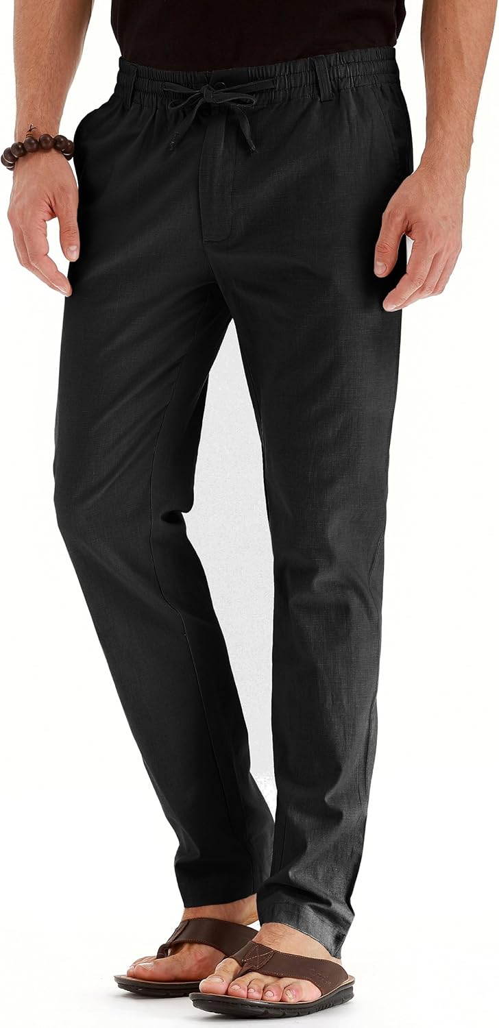 Men's Drawstring Linen Pants, Casual Summer Beach Loose Trousers, Elastic Waist - Picture 51 of 57