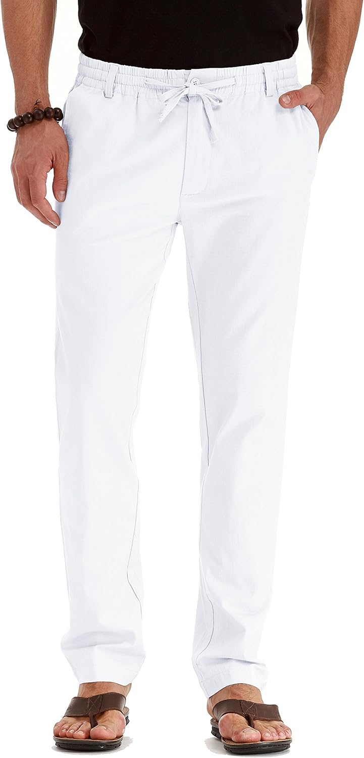 Men's Drawstring Linen Pants, Casual Summer Beach Loose Trousers, Elastic Waist - Picture 28 of 57