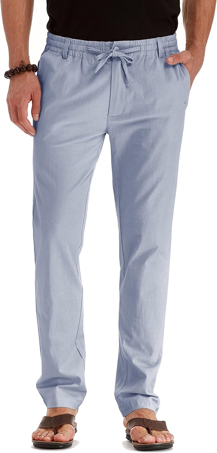 Men's Drawstring Linen Pants, Casual Summer Beach Loose Trousers, Elastic Waist - Picture 31 of 57