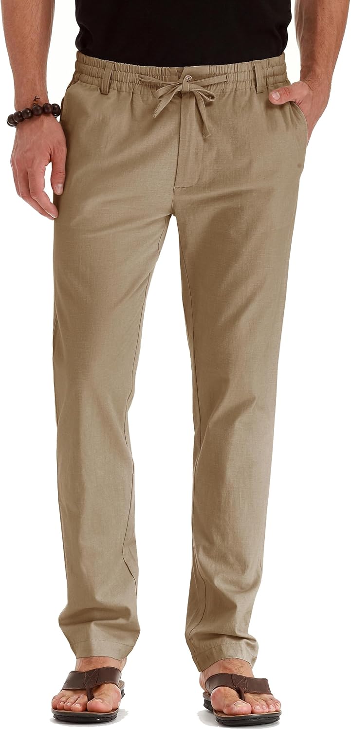 Men's Drawstring Linen Pants, Casual Summer Beach Loose Trousers, Elastic Waist - Picture 34 of 57
