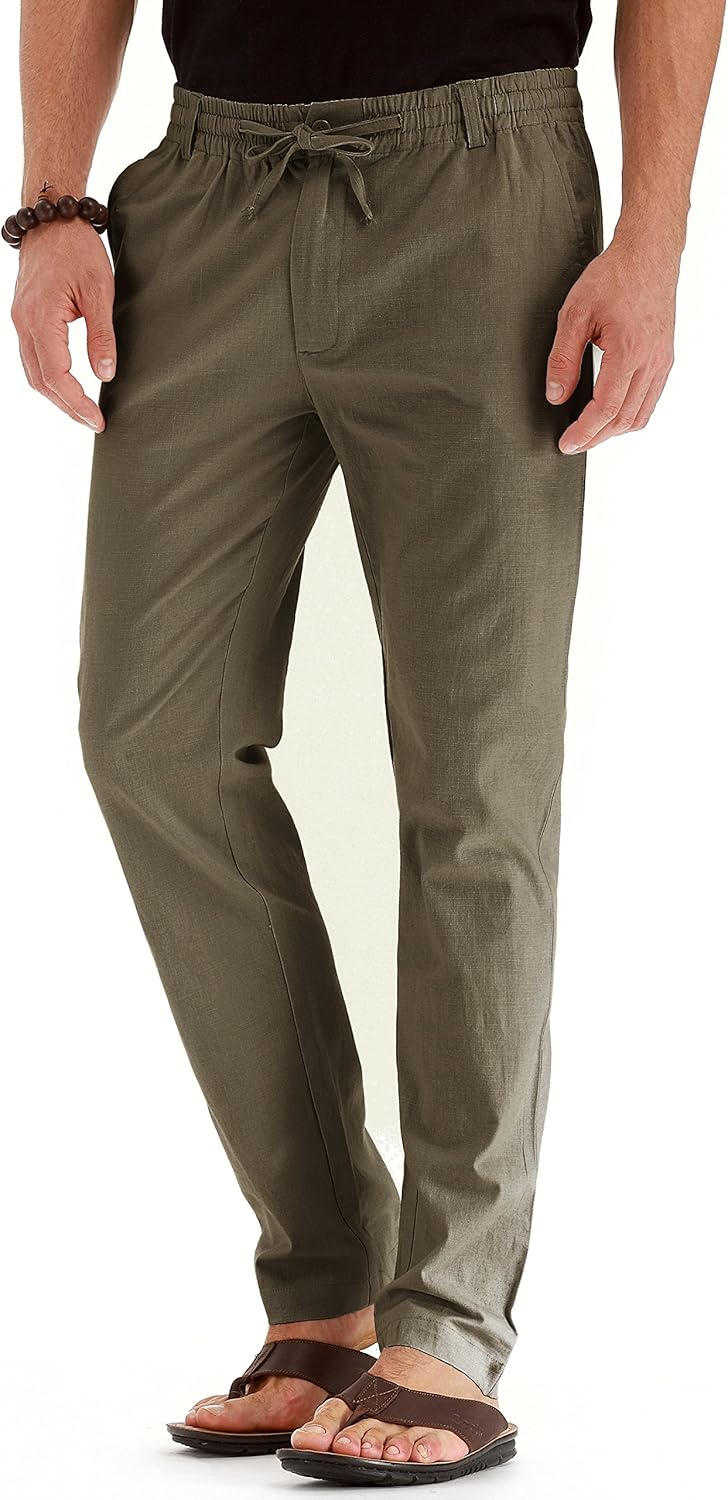 Men's Drawstring Linen Pants, Casual Summer Beach Loose Trousers, Elastic Waist - Picture 39 of 57