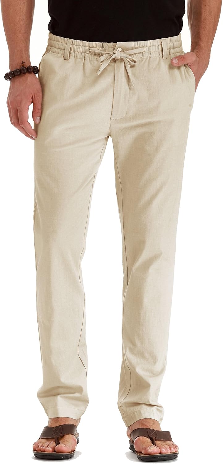 Men's Drawstring Linen Pants, Casual Summer Beach Loose Trousers, Elastic Waist - Picture 46 of 57