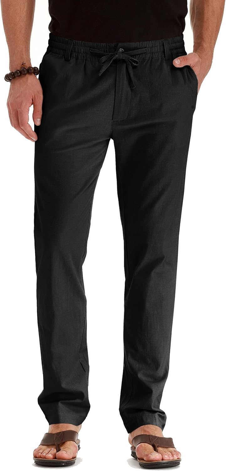 Men's Drawstring Linen Pants, Casual Summer Beach Loose Trousers, Elastic Waist - Picture 49 of 57
