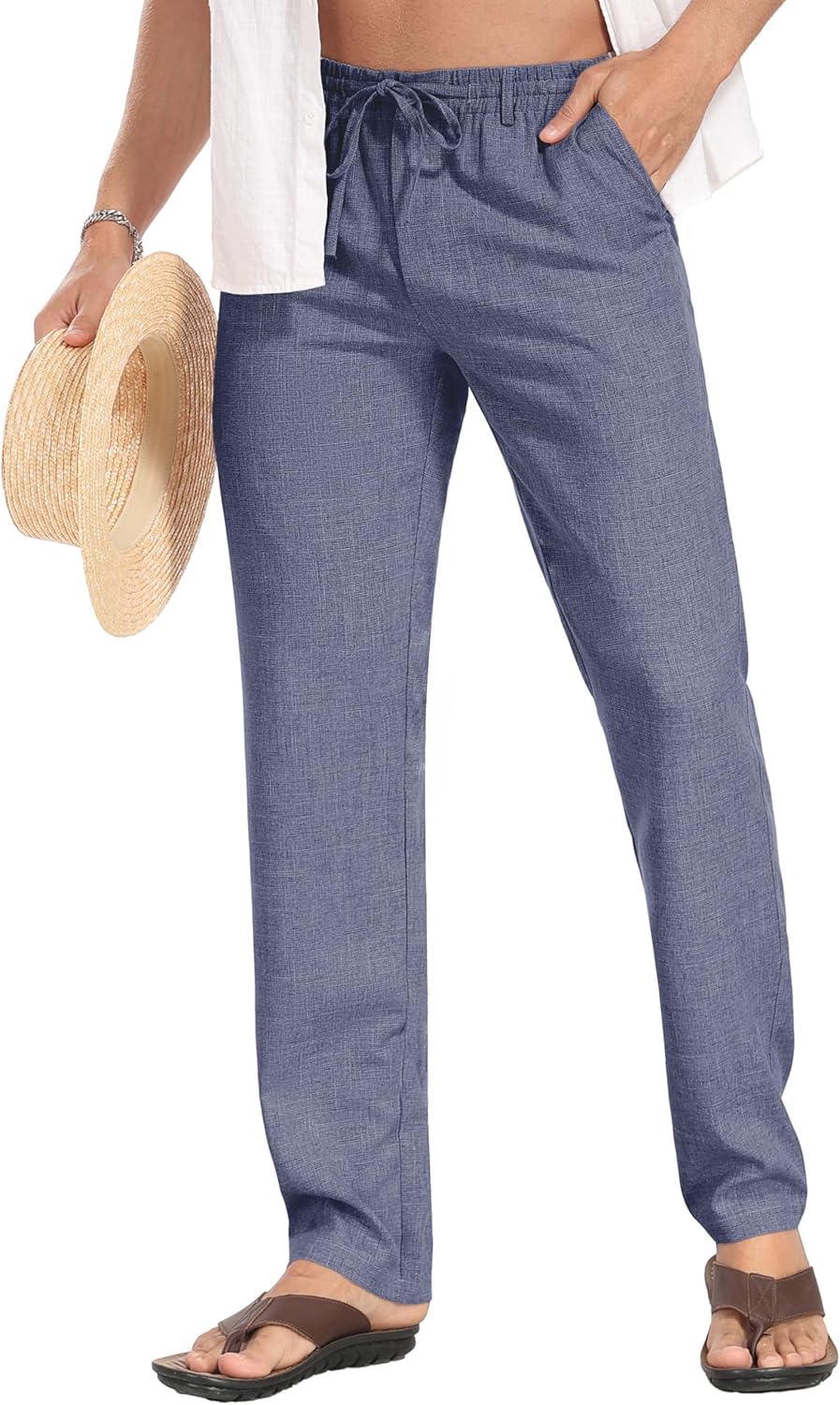 Men's Drawstring Linen Pants, Casual Summer Beach Loose Trousers, Elastic Waist - Picture 53 of 57