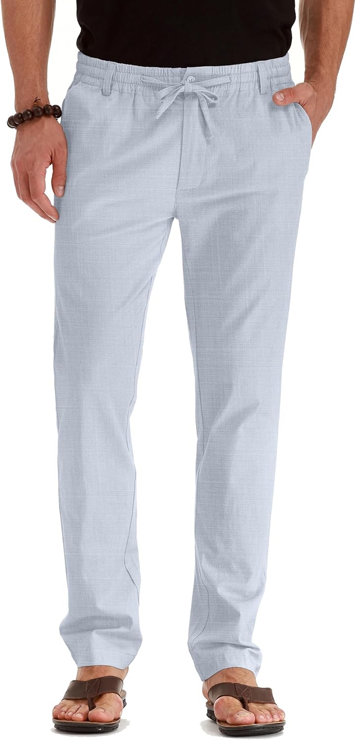 Men's Drawstring Linen Pants, Casual Summer Beach Loose Trousers, Elastic Waist - Picture 55 of 57