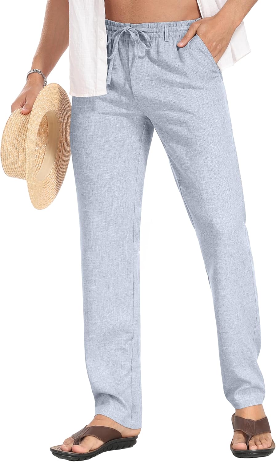 Men's Drawstring Linen Pants, Casual Summer Beach Loose Trousers, Elastic Waist - Picture 56 of 57