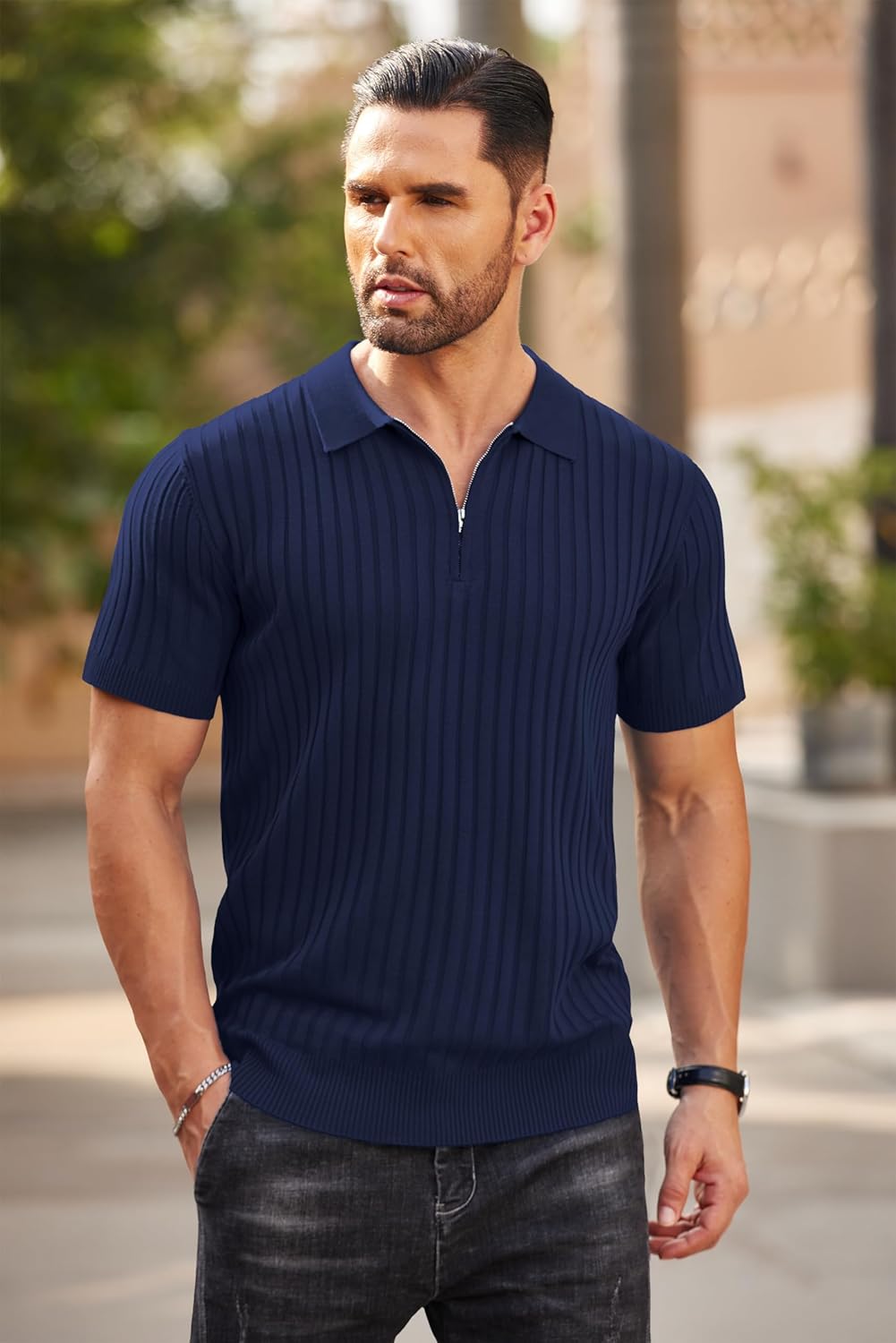 Camisetas polo de punto acanalado de manga corta con cremallera para hombre - Imagen 26 de 107