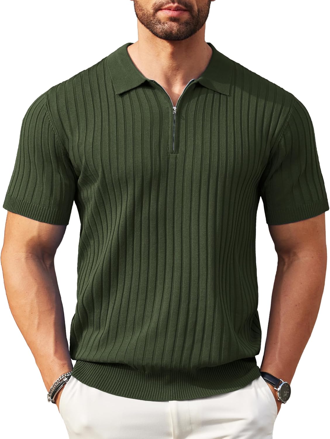 Camisetas polo de punto acanalado de manga corta con cremallera para hombre - Imagen 30 de 107