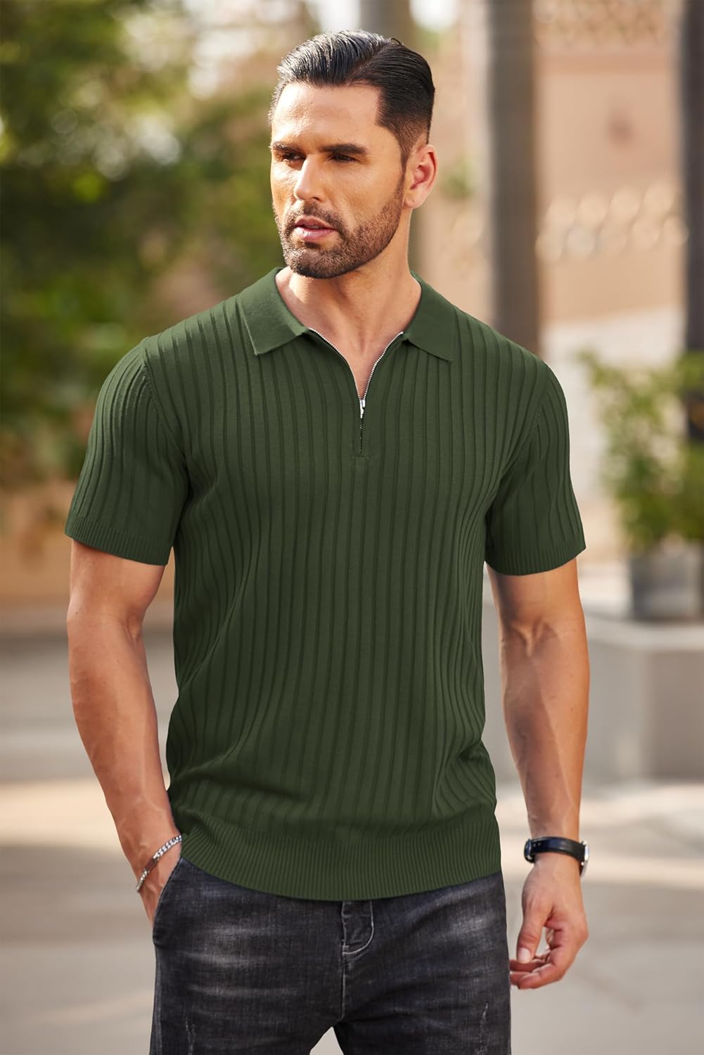 Camisetas polo de punto acanalado de manga corta con cremallera para hombre - Imagen 31 de 107