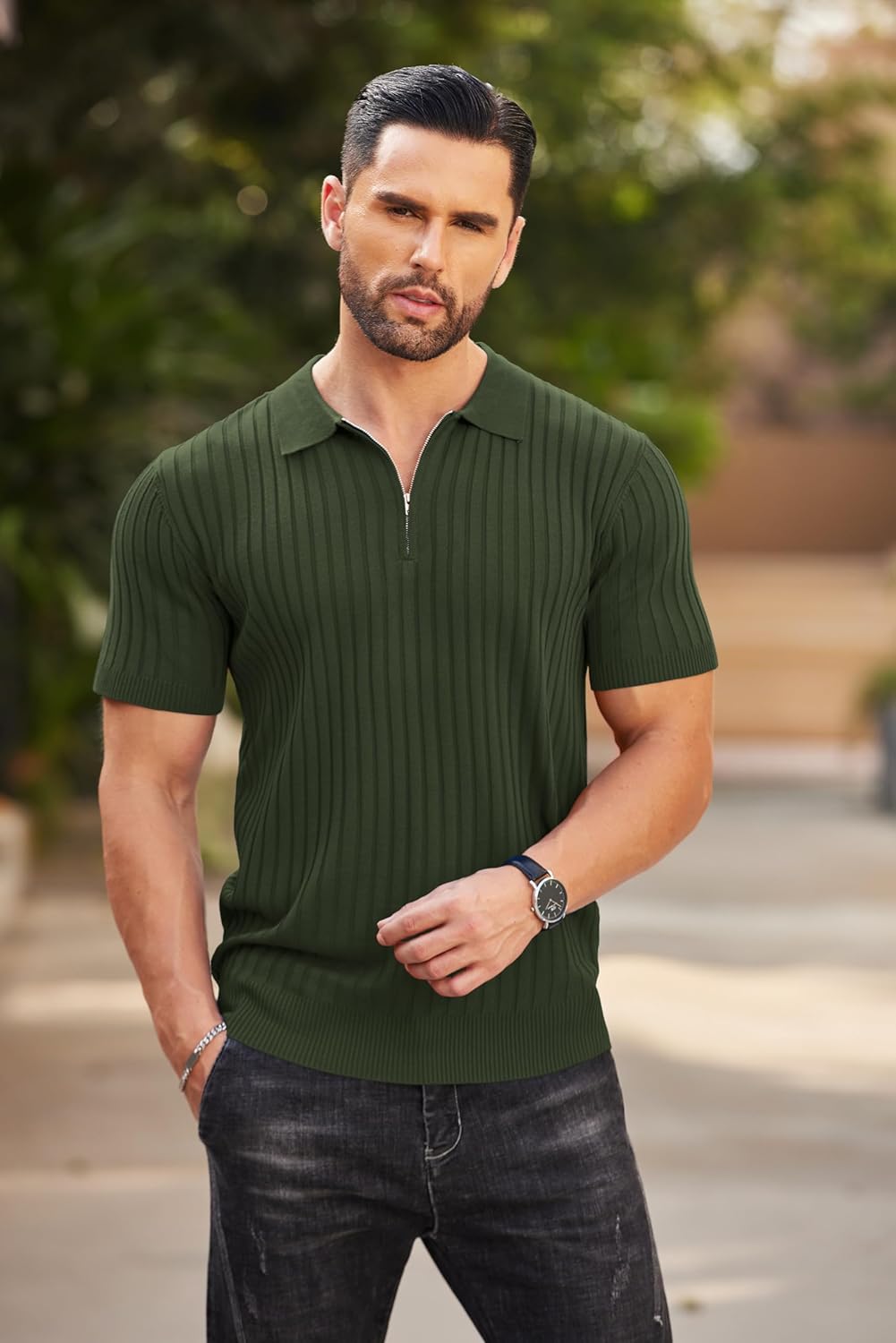 Camisetas polo de punto acanalado de manga corta con cremallera para hombre - Imagen 32 de 107