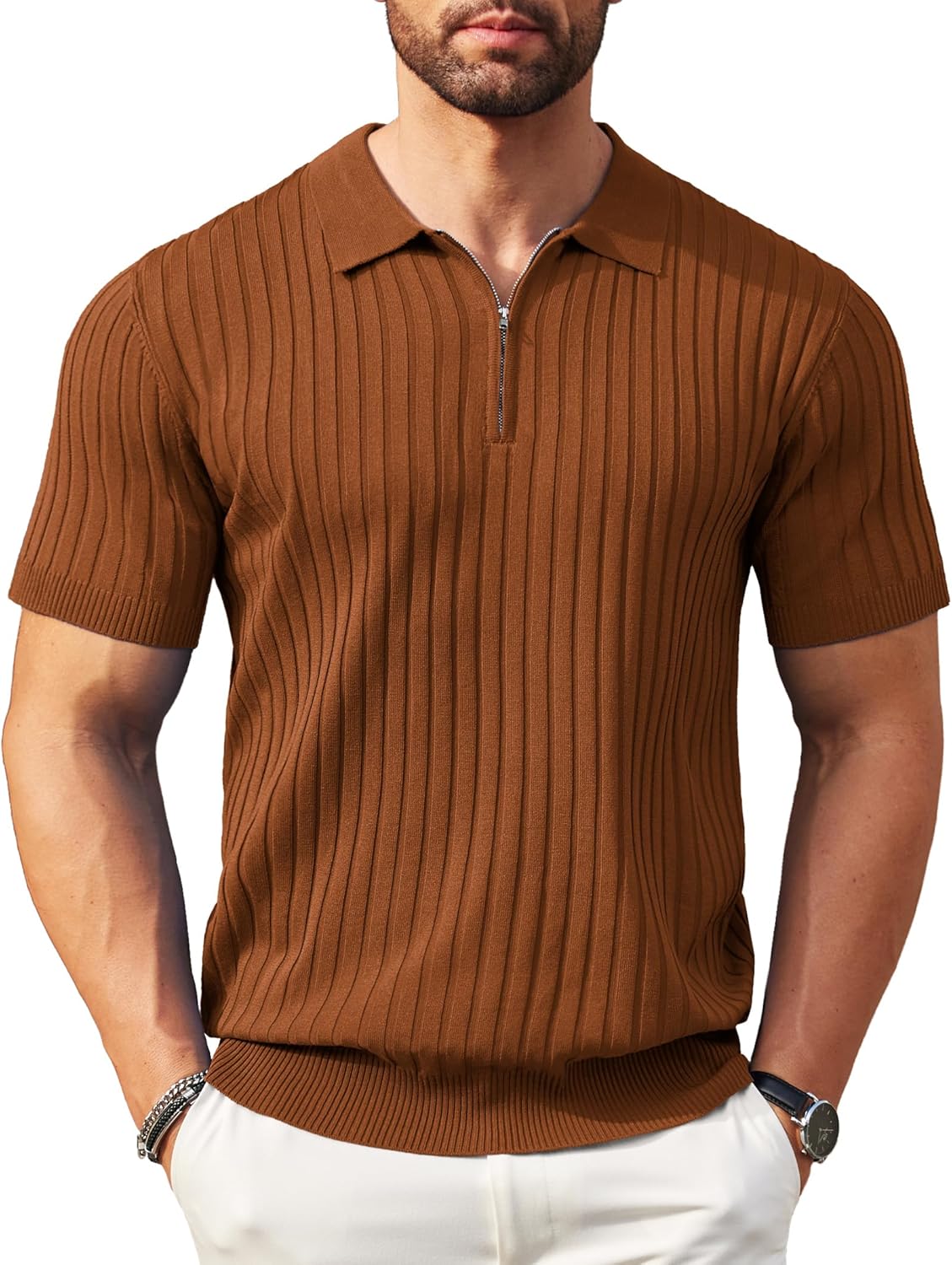 Camisetas polo de punto acanalado de manga corta con cremallera para hombre - Imagen 35 de 107