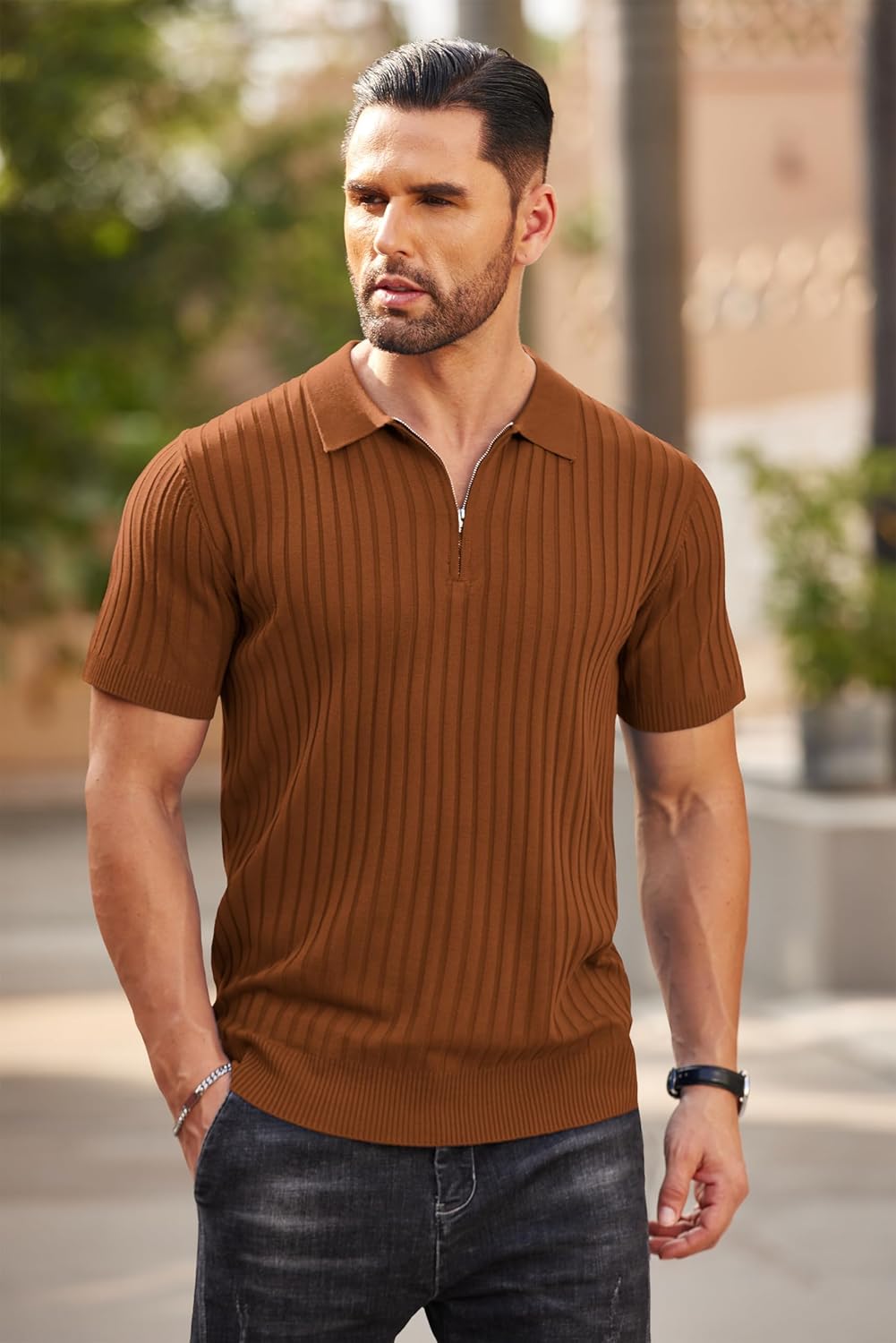 Camisetas polo de punto acanalado de manga corta con cremallera para hombre - Imagen 36 de 107