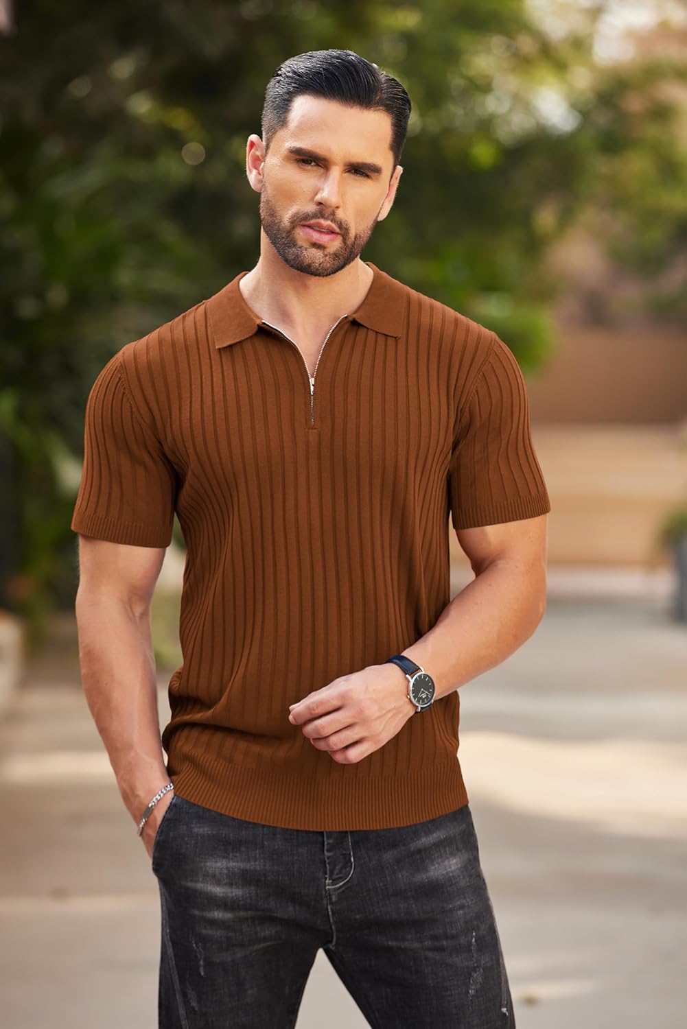 Camisetas polo de punto acanalado de manga corta con cremallera para hombre - Imagen 37 de 107
