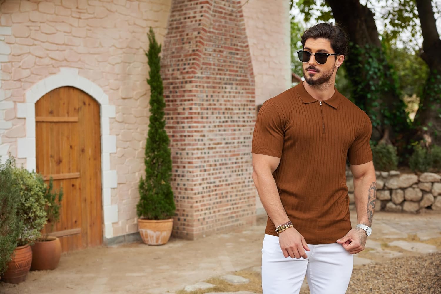Camisetas polo de punto acanalado de manga corta con cremallera para hombre - Imagen 39 de 107