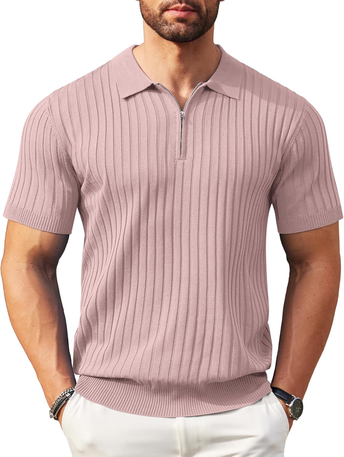 Camisetas polo de punto acanalado de manga corta con cremallera para hombre - Imagen 40 de 107