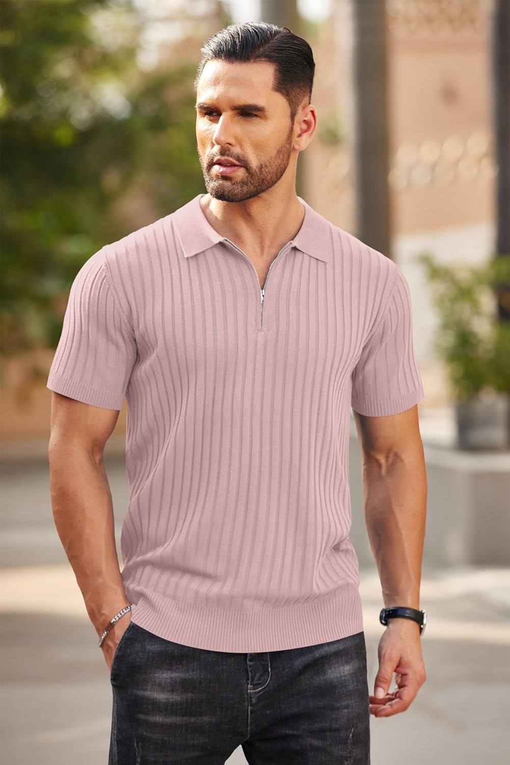 Camisetas polo de punto acanalado de manga corta con cremallera para hombre - Imagen 41 de 107