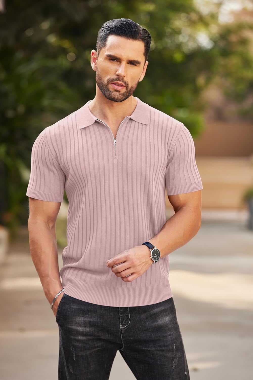 Camisetas polo de punto acanalado de manga corta con cremallera para hombre - Imagen 42 de 107