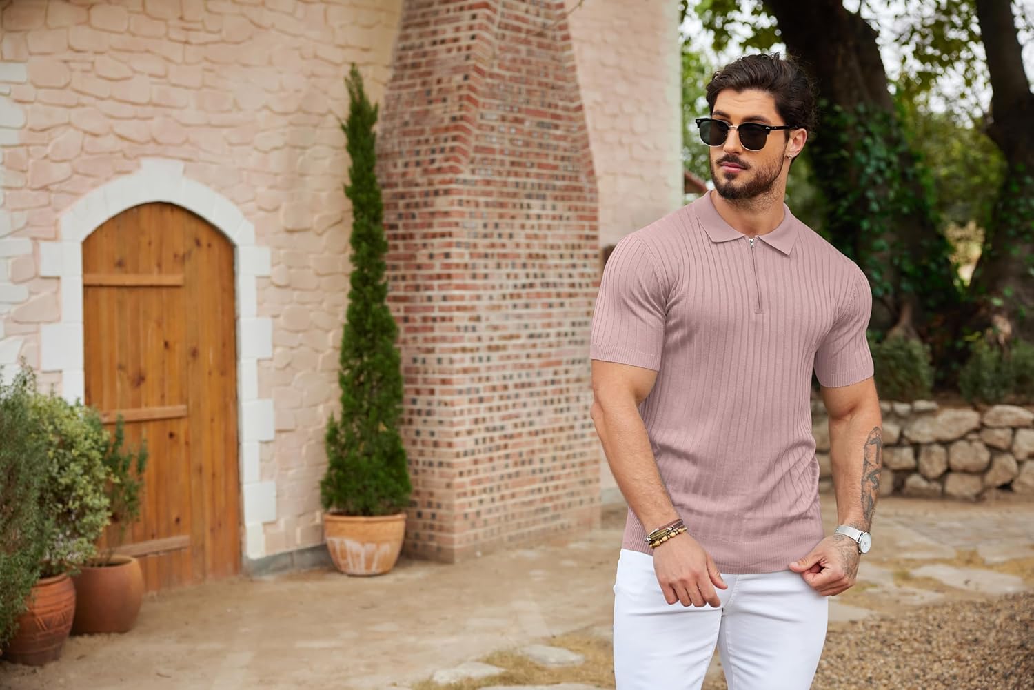 Camisetas polo de punto acanalado de manga corta con cremallera para hombre - Imagen 44 de 107