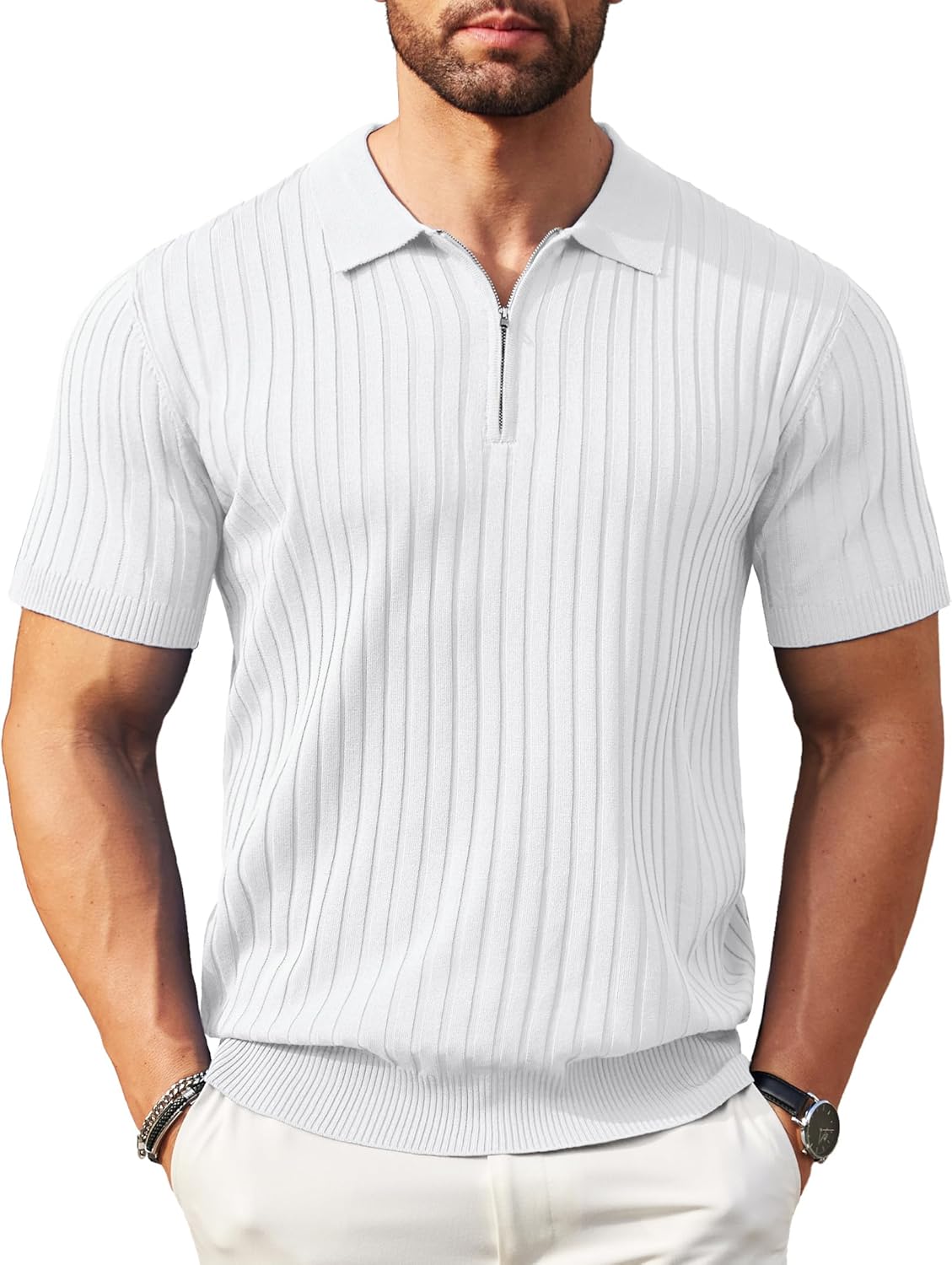Camisetas polo de punto acanalado de manga corta con cremallera para hombre - Imagen 45 de 107