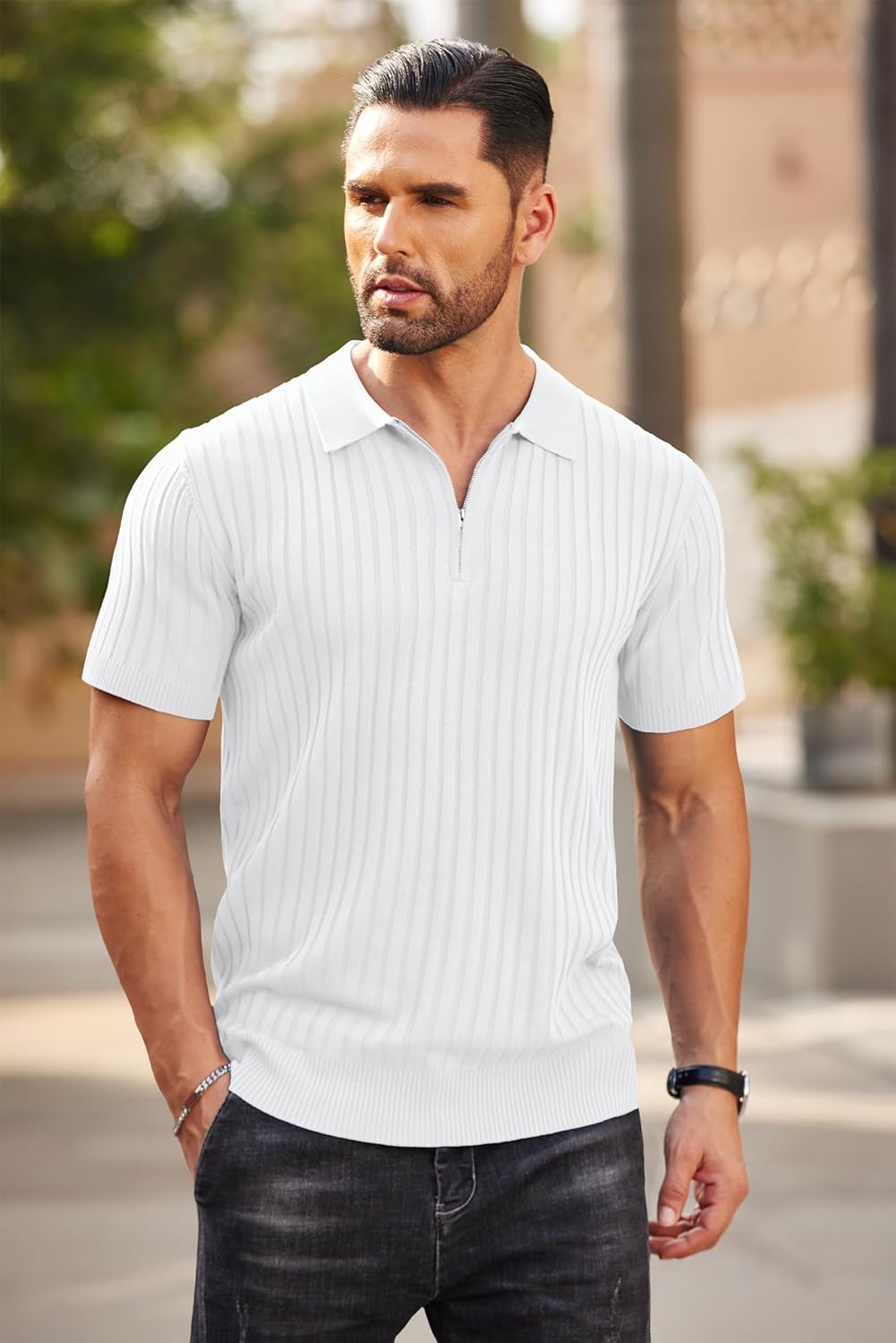 Camisetas polo de punto acanalado de manga corta con cremallera para hombre - Imagen 46 de 107