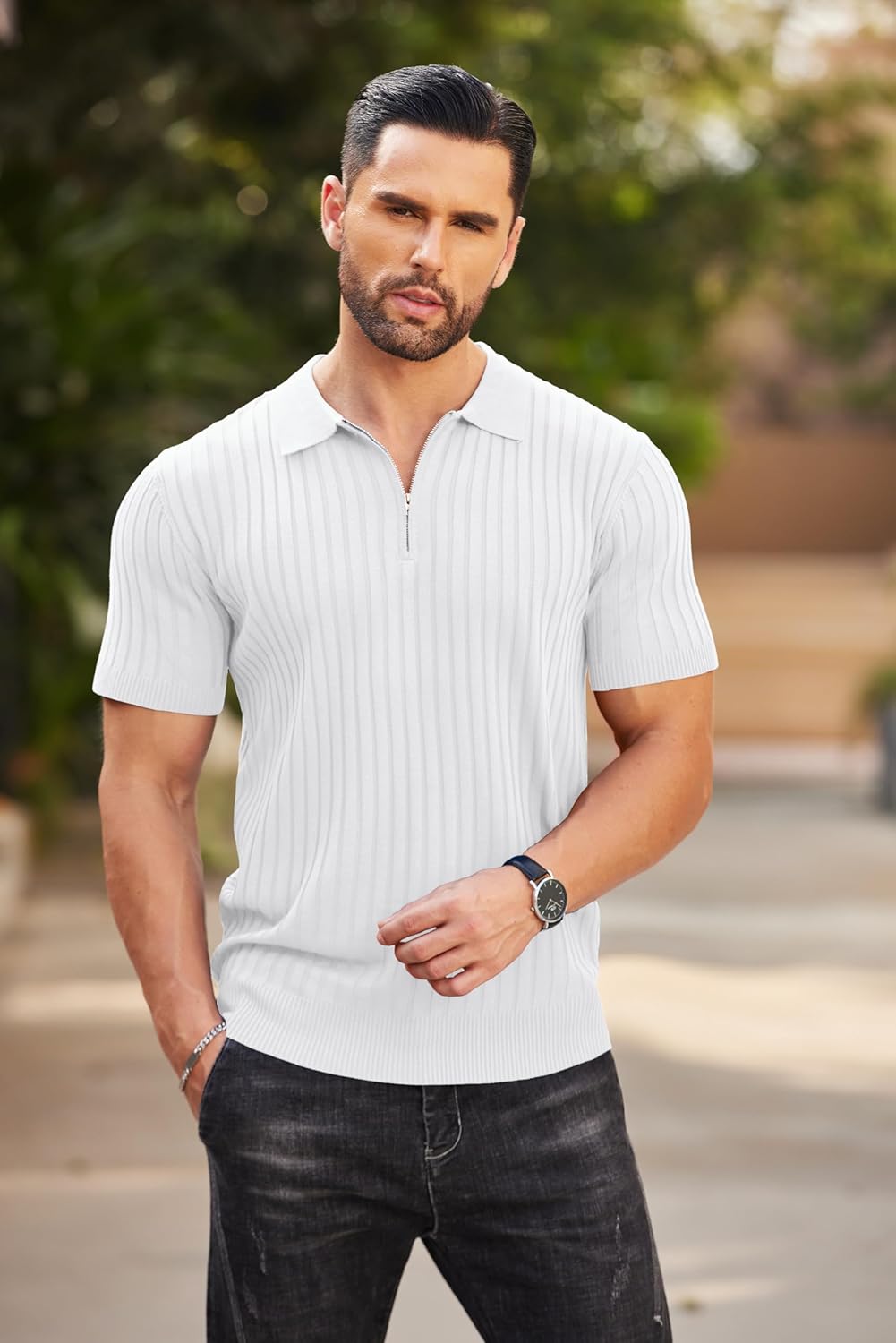 Camisetas polo de punto acanalado de manga corta con cremallera para hombre - Imagen 47 de 107
