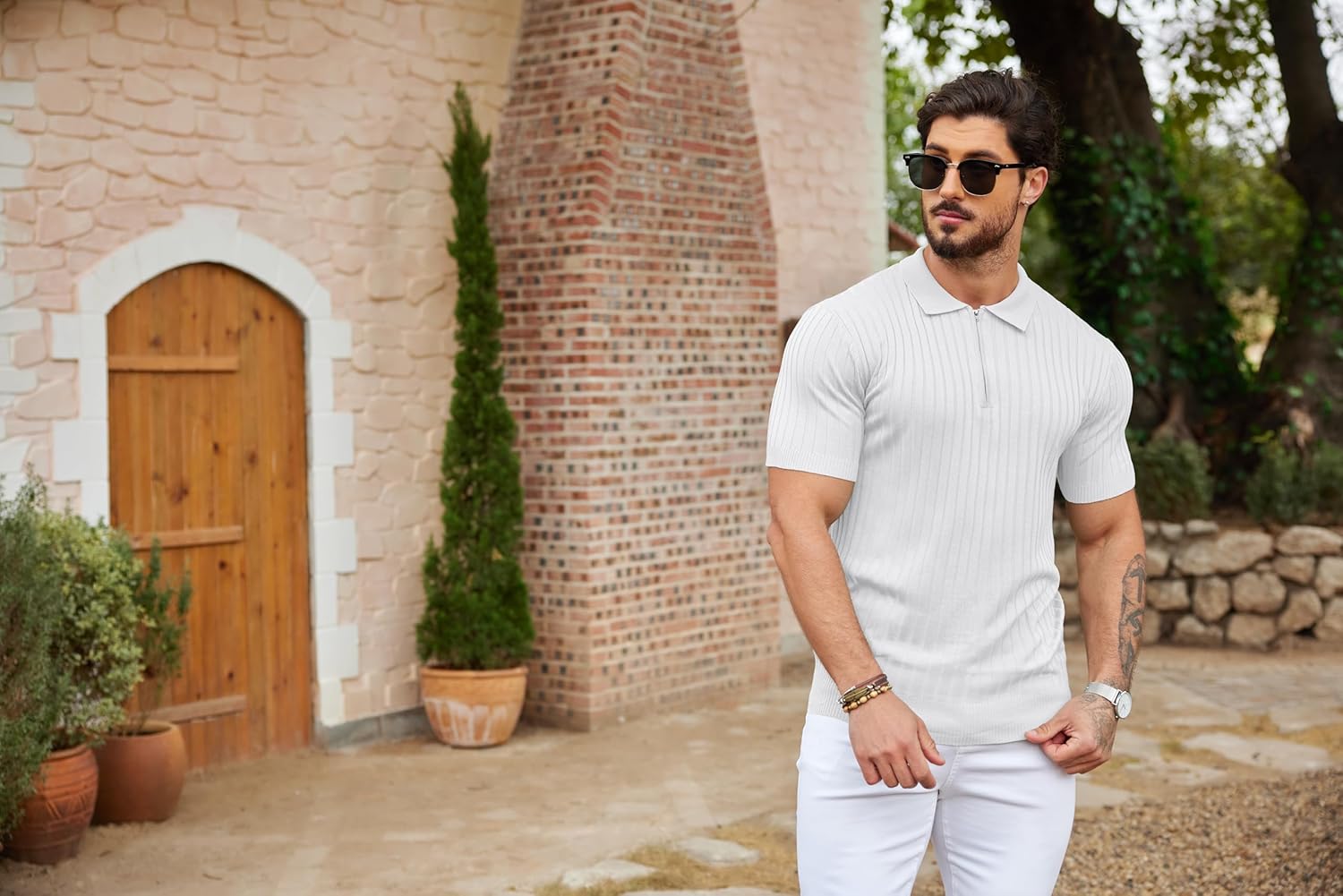 Camisetas polo de punto acanalado de manga corta con cremallera para hombre - Imagen 49 de 107