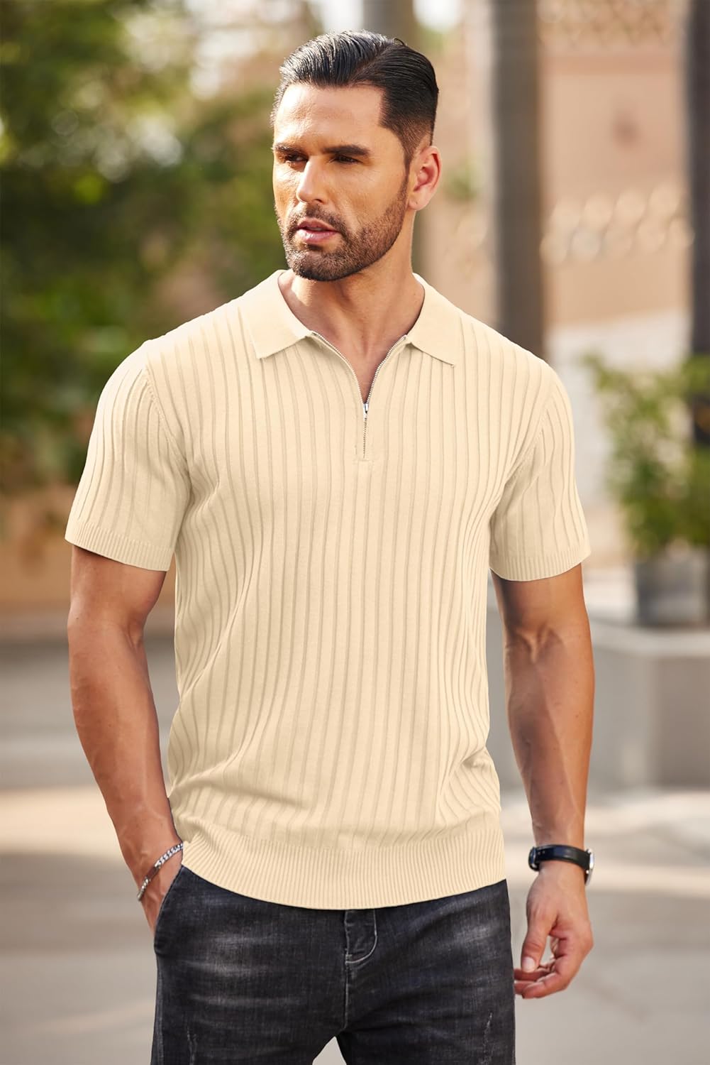 Camisetas polo de punto acanalado de manga corta con cremallera para hombre - Imagen 56 de 107