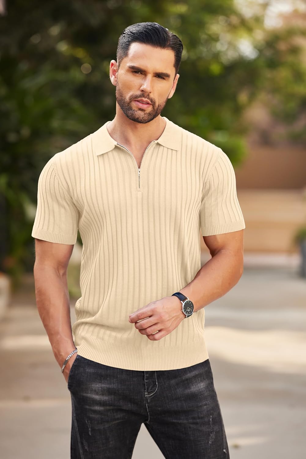 Camisetas polo de punto acanalado de manga corta con cremallera para hombre - Imagen 57 de 107