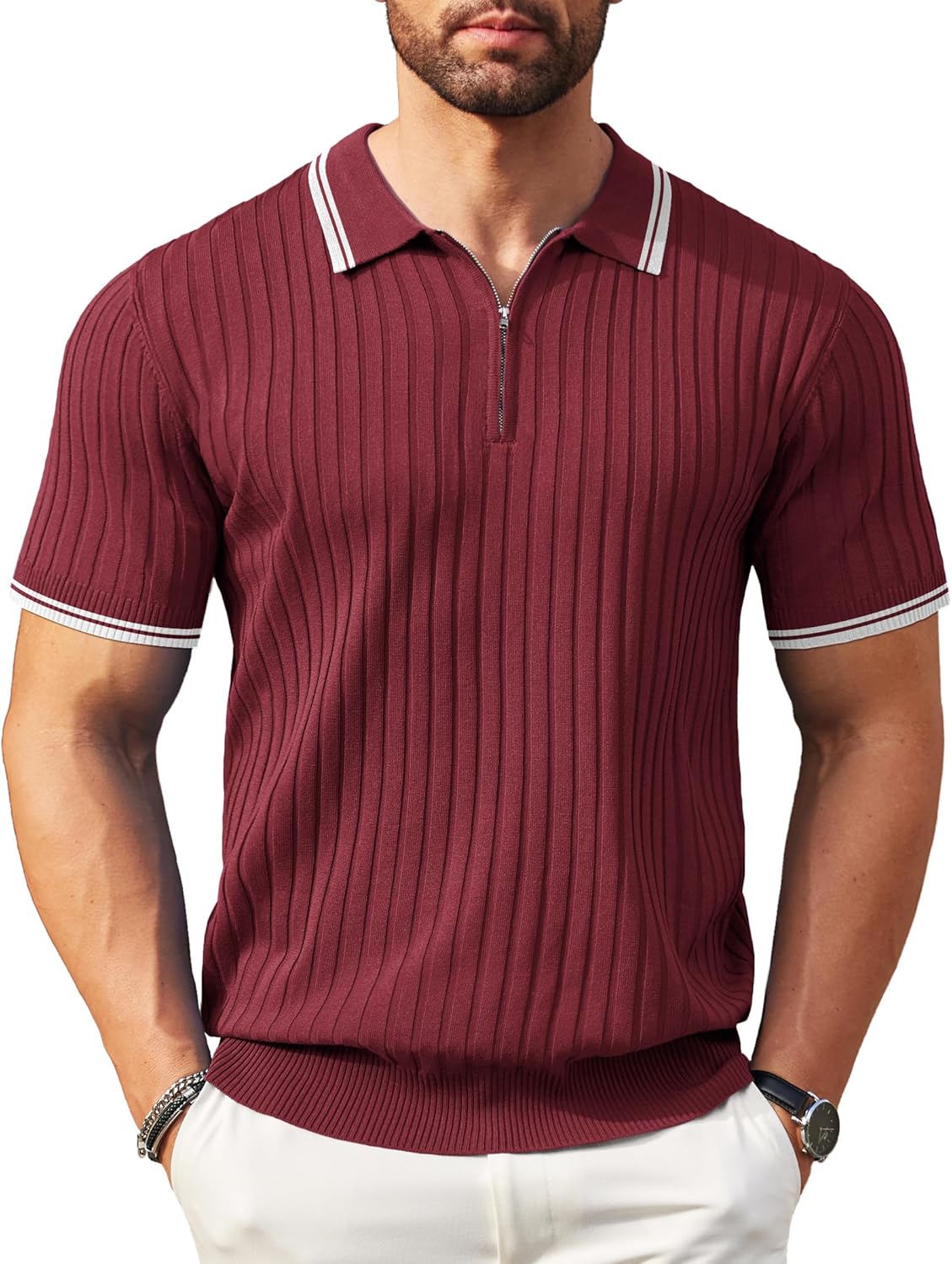 Camisetas polo de punto acanalado de manga corta con cremallera para hombre - Imagen 59 de 107