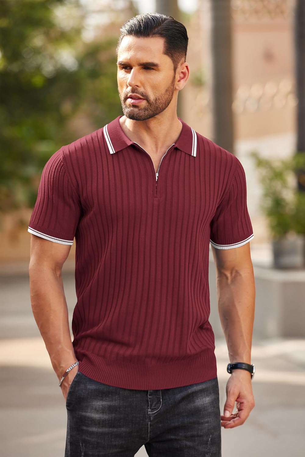 Camisetas polo de punto acanalado de manga corta con cremallera para hombre - Imagen 60 de 107