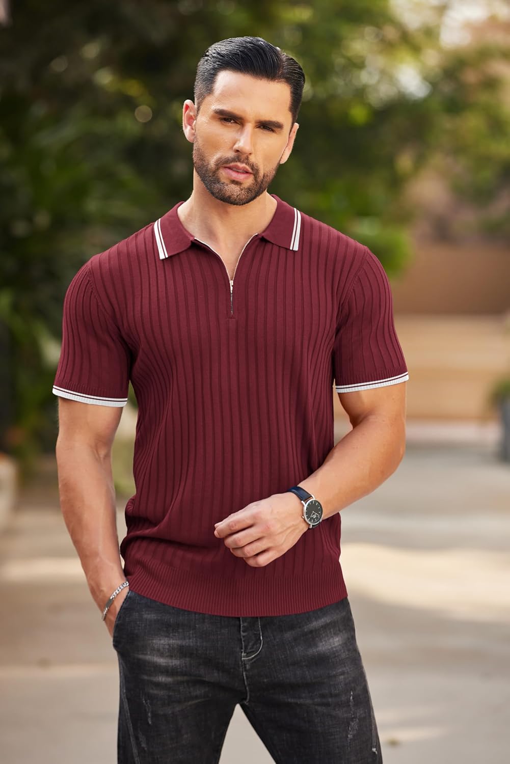 Camisetas polo de punto acanalado de manga corta con cremallera para hombre - Imagen 61 de 107