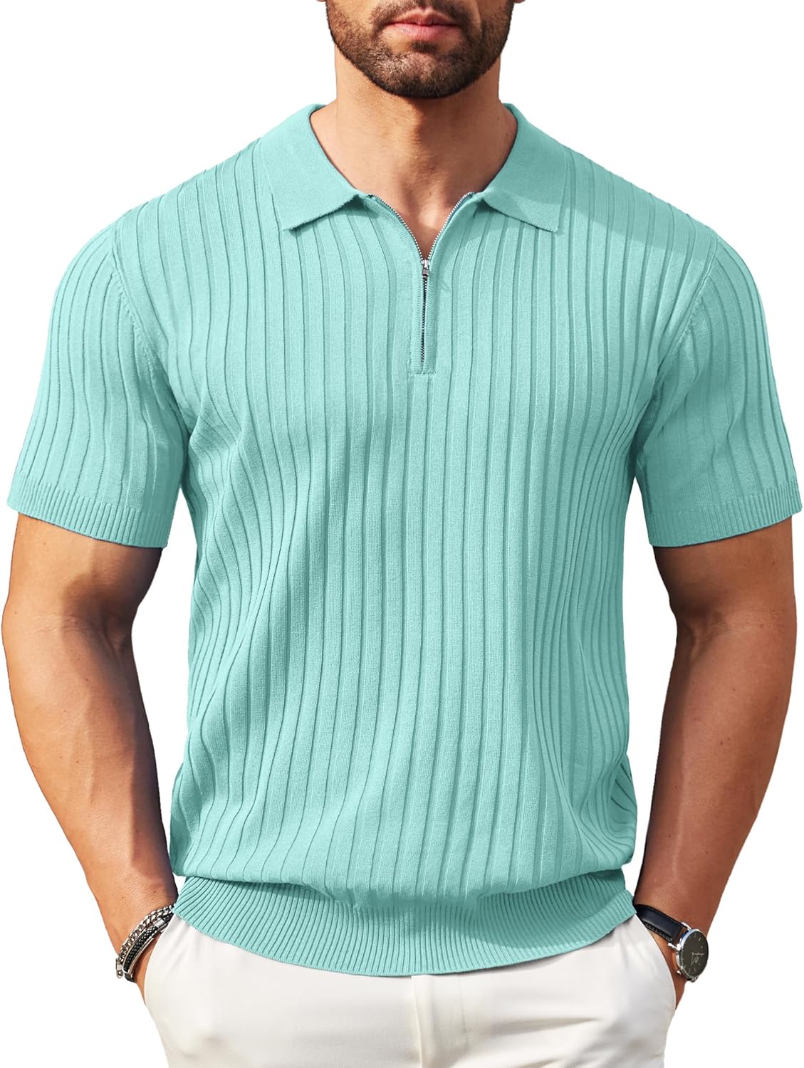 Camisetas polo de punto acanalado de manga corta con cremallera para hombre - Imagen 63 de 107